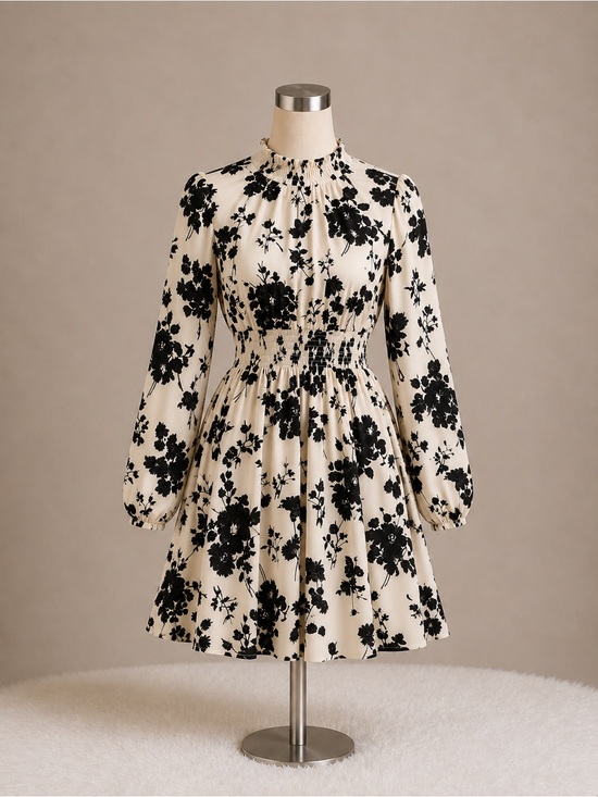 Dresses & Skirts - Cream and Black Floral Long-Sleeve Smocked Waist Dress